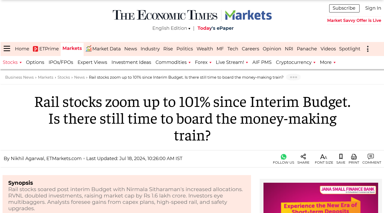 Economic Times: Rail stocks zoom up to 101% since Interim Budget. Is there still time to board the money-making train?