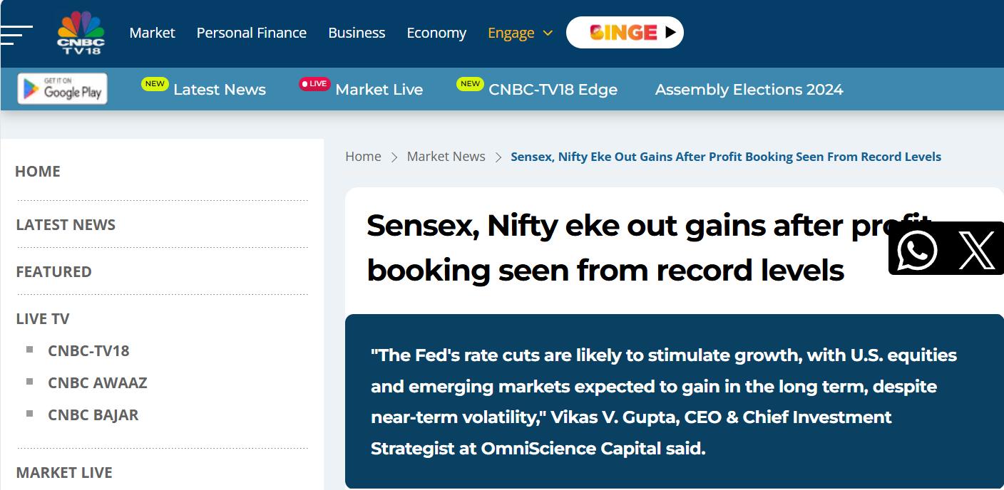 CNBC TV18: Sensex, Nifty eke out gains after profit booking seen from record levels