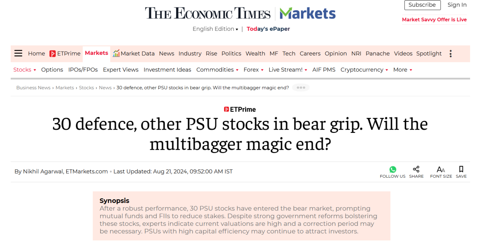 Economic Times: 30 defence, other PSU stocks in bear grip. Will the multibagger magic end?