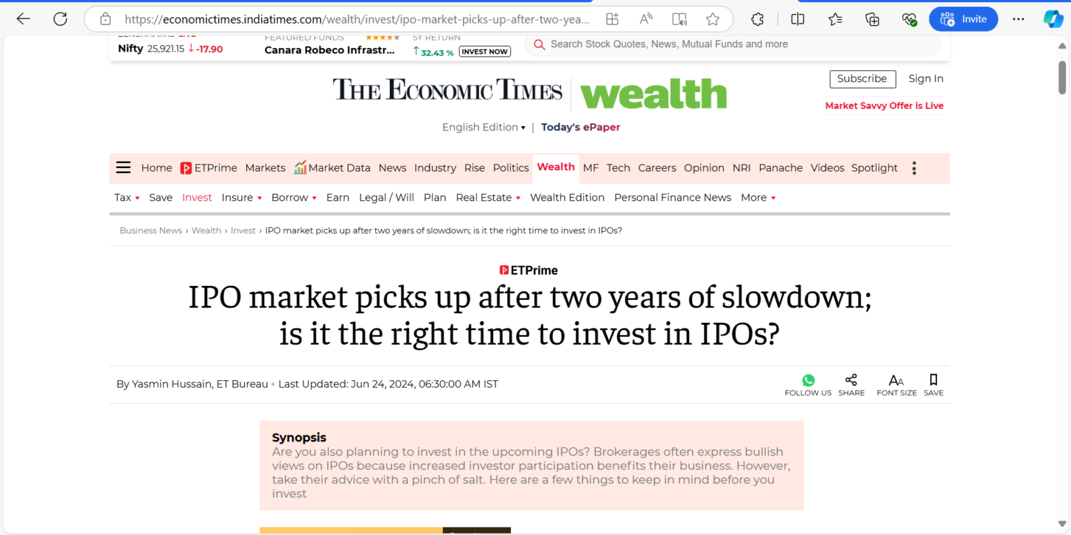 Economic Times: IPO market picks up after two years of slowdown; is it the right time to invest in IPOs?