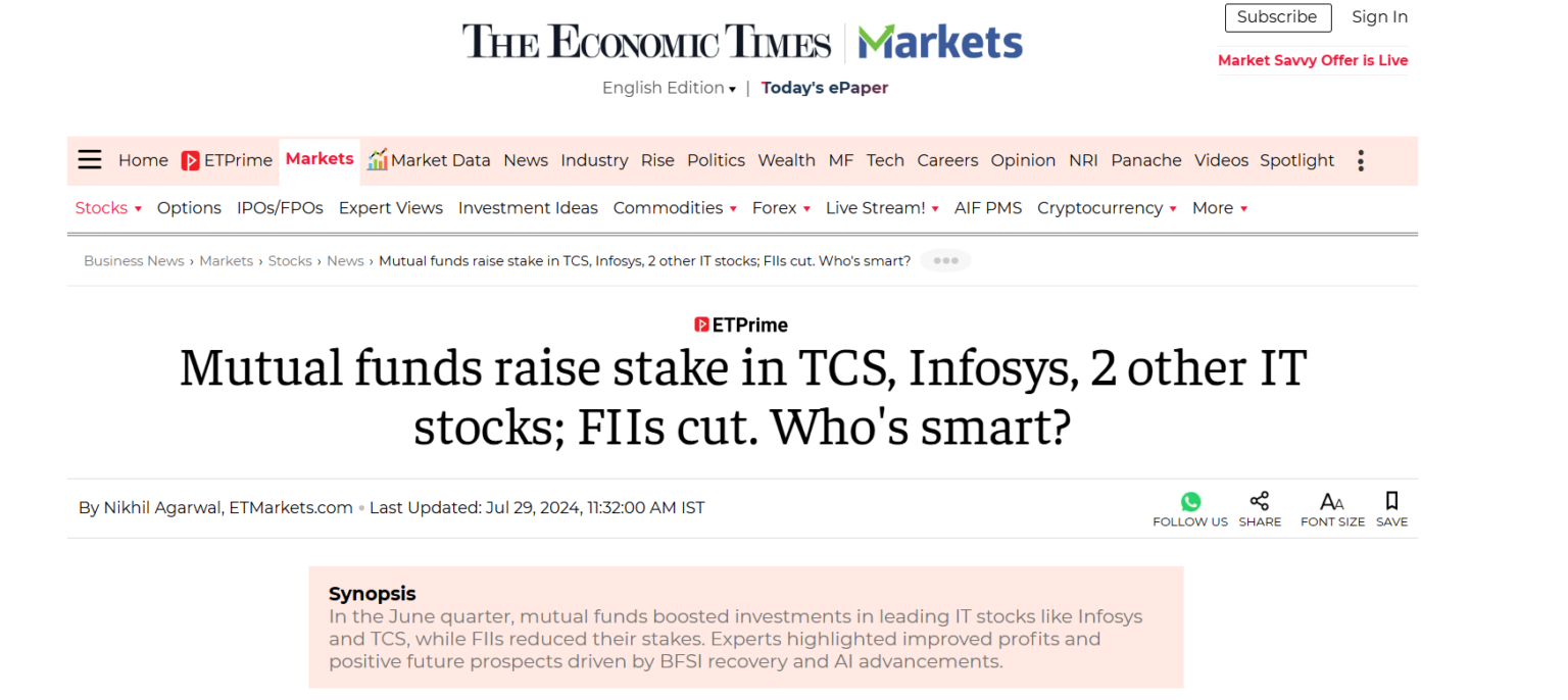 Economic Times: Mutual funds raise stake in TCS, Infosys, 2 other IT stocks; FIIs cut. Who’s smart?