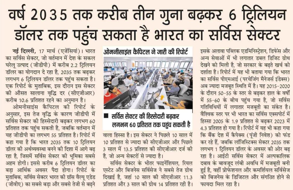 वर्ष 2035 तक करीब तीन गुना बढ़कर 6 ट्रिलियन डॉलर तक पहुंच सकता है भारत का सर्विस सेक्टर